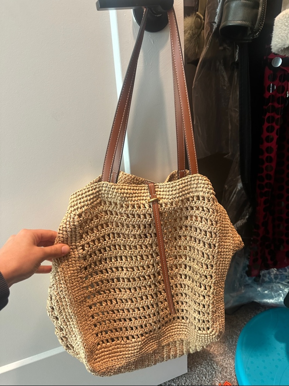 Mango Natural Straw Tote with Brown Leather Straps